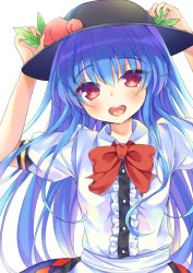 Rule 34 | 1girl, :d, arms up, bad id, bad pixiv id, black hat, blue hair, blush, bow, bowtie, buttons, dress shirt, food, frills, fruit, hat, hinanawi tenshi, leaf, long hair, looking at viewer, mirei, open mouth, peach, puffy short sleeves, puffy sleeves, red bow, red bowtie, red eyes, shirt, short sleeves, smile, solo, touhou, upper body, very long hair, white background, white shirt