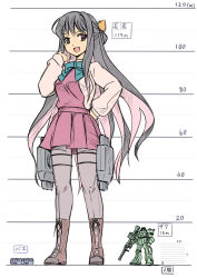 Rule 34 | 1girl, black footwear, black hair, boots, bow, breasts, bus, cross-laced footwear, dress, fang, full body, giant, giantess, gundam, height chart, highres, kantai collection, lace-up boots, long hair, long sleeves, looking at viewer, medium breasts, mobile suit gundam, motor vehicle, multicolored hair, naganami (kancolle), open mouth, orange eyes, pantyhose, pink hair, pink pantyhose, purple dress, seo tatsuya, shirt, simple background, size difference, sketch, solo focus, standing, tongue, torpedo tubes, translated, two-tone hair, very long hair, white background, white shirt, yellow bow, zaku ii