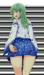 Rule 34 | 1girl, absurdres, ass, bare shoulders, blue skirt, blush, commentary request, cowboy shot, detached sleeves, fingernails, flying sweatdrops, frog hair ornament, from behind, green eyes, green hair, hair ornament, highres, kochiya sanae, kyanta5354, long hair, long sleeves, looking at viewer, looking back, miniskirt, open mouth, partial commentary, pleated skirt, shirt, single hair tube, skirt, sleeveless, sleeveless shirt, snake hair ornament, solo, stairs, standing, touhou, turning head, white shirt, white sleeves, wide sleeves