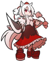 Rule 34 | 1girl, animal ears, arm shield, bare shoulders, black skirt, detached sleeves, frilled skirt, frills, full body, hat, inubashiri momiji, loafers, long skirt, multicolored clothes, multicolored skirt, parody, pom pom (clothes), puyopuyo, red eyes, red footwear, red skirt, ribbon-trimmed sleeves, ribbon trim, shield, shinmon akika, shirt, shoes, short hair, skirt, sleeveless, sleeveless shirt, solo, standing, style parody, sword, tail, tokin hat, touhou, turtleneck, weapon, white hair, white shirt, wolf ears, wolf girl, wolf tail