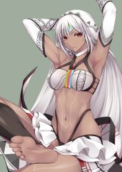 Rule 34 | 1girl, altera (fate), apron, armpits, arms up, bare shoulders, barefoot, bikini, black bikini, black socks, blunt bangs, breasts, cleavage, closed mouth, collar, dark-skinned female, dark skin, expressionless, fate/grand order, fate (series), feet, foot focus, frilled skirt, frills, green background, head tilt, headpiece, highres, kneehighs, layered skirt, long hair, looking at viewer, mismatched bikini, navel, no shoes, red eyes, revealing clothes, ruton-niki, showgirl skirt, silver hair, simple background, skirt, socks, soles, solo, stomach, swimsuit, tattoo, thong bikini, toes, toned, veil, very long hair, waist apron, white bikini, white skirt