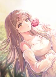Rule 34 | 1girl, bare shoulders, blunt bangs, blush, breasts, collarbone, dress, flower, frilled sleeves, frills, highres, holding, holding flower, large breasts, light brown hair, long hair, looking at viewer, lying, original, pink flower, revision, solo, ssum (ehf dustk), white dress, yellow eyes