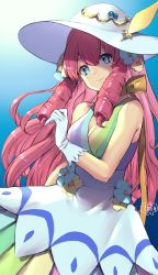 Rule 34 | 1girl, blue background, blue eyes, breasts, cleavage, closed mouth, dress, flower, gloves, gradient background, hair flower, hair ornament, hat, highres, long hair, looking at viewer, murata tefu, neck ribbon, pink hair, puyopuyo quest, ribbon, simple background, smile, solo, white gloves, white hat