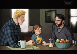 Rule 34 | 1girl, 2boys, adoption, aged up, apple, bad id, bad tumblr id, bara, beard, black hair, blonde hair, blush, brown hair, collared shirt, couple, cris art, cup, eye contact, facial hair, family, father and daughter, food, fruit, hulkling, indoors, lamp, looking at another, marvel, mature male, mirror, mug, multicolored hair, multiple boys, mustache, shirt, short hair, streaked hair, thick eyebrows, upper body, white hair, wiccan, wrinkled skin, yaoi