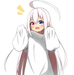 Rule 34 | 1girl, :d, absurdres, ahoge, blue eyes, blush, commentary request, fang, grey hair, hands up, heterochromia, highres, idaten93, long hair, long sleeves, looking at viewer, notice lines, open mouth, original, oversized clothes, oversized shirt, red eyes, ruua (idaten93), shirt, simple background, sleeves past fingers, sleeves past wrists, smile, solo, very long hair, white background, white shirt