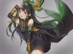 Rule 34 | 1girl, armlet, bare shoulders, black dress, black hair, catzz, detached sleeves, dress, egyptian, green eyes, hair tubes, headdress, jewelry, long hair, nephthys (p&amp;d), open mouth, puzzle &amp; dragons