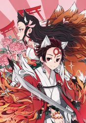 Rule 34 | 1boy, 1girl, animal ear fluff, animal ears, black hair, brown hair, commentary, commentary request, earrings, english commentary, fang, flower, fox ears, hair ribbon, highres, holding, holding sword, holding weapon, japanese clothes, jewelry, kamado nezuko, kamado tanjirou, kimetsu no yaiba, kimono, long hair, long sleeves, mixed-language commentary, multicolored hair, multiple tails, parted lips, pink ribbon, quiss, ribbon, scar, scar on face, scar on forehead, short hair, signature, skin fang, smile, split mouth, sword, tail, torii, weapon