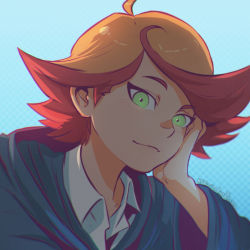 Rule 34 | 10s, 1girl, ahoge, amanda o&#039;neill, artist name, blue background, blush, chromatic aberration, collared shirt, hand on own cheek, hand on own face, koyorin, little witch academia, little witch academia:the enchanted parade, long sleeves, multicolored hair, orange hair, red hair, shirt, short hair, simple background, smile, solo, upper body, watermark, web address, white shirt