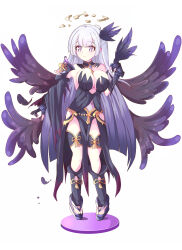 Rule 34 | 1girl, absurdres, artist request, black feathers, black hair, breasts, broken halo, feather hair ornament, feathers, fingerless gloves, gloves, gradient hair, grey hair, hair ornament, halo, highres, large breasts, lily (fallen) (princess connect!), long hair, metal gloves, multicolored hair, multiple wings, princess connect!, purple eyes, lily (princess connect!), simple background, solo, wings
