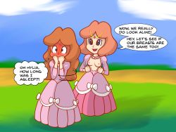 Rule 34 | 2girls, blue eyes, blush, breasts, breasts out, brown hair, day, dress, embarrassed, grin, highres, jewelry, long hair, long sleeves, multiple girls, necklace, nintendo, pink dress, princess zelda, self exposure, short hair, smile, speech bubble, standing, the legend of zelda, the legend of zelda (nes), tiara, worried, zelda ii: the adventure of link