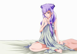 Rule 34 | 1girl, 2018, barefoot, bed sheet, collarbone, cone hair bun, dated, double bun, full body, hair bun, hugtto! precure, kneeling, long hair, naked sheet, on bed, open mouth, precure, purple eyes, purple hair, ruru amour, simple background, solo, tomo5656ky, very long hair, white background