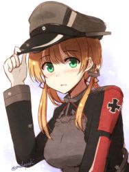 Rule 34 | 1girl, anchor, blonde hair, blush, gloves, green eyes, hat, kantai collection, long hair, long sleeves, low twintails, mashayuki, military, military hat, military uniform, open mouth, peaked cap, prinz eugen (kancolle), solo, twintails, twitter username, uniform, white gloves