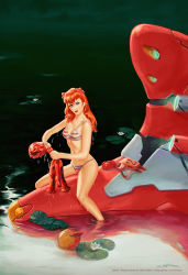 Rule 34 | 1girl, bikini, breasts, dripping, eva 02, fantasio, fine art parody, full body, hairpods, highres, interface headset, lily pad, long hair, looking at viewer, mecha, navel, neon genesis evangelion, oliver wetter, orange hair, parody, pinup (style), plugsuit, realistic, red lips, robot, small breasts, soaking feet, solo, souryuu asuka langley, straddling, striped bikini, striped clothes, swimsuit, water, water lily flower, watermark, web address, wet, wringing clothes
