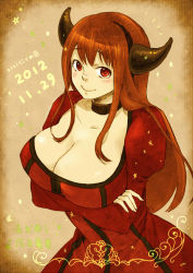 Rule 34 | 10s, 1girl, blush, breast hold, breasts, brown hair, choker, crossed arms, dated, dress, fake horns, hairband, horns, huge breasts, kingfrogs, long hair, maou (maoyuu), maoyuu maou yuusha, red dress, red eyes, smile, solo