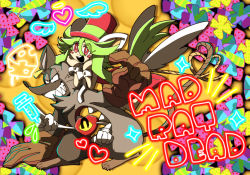 Rule 34 | 1girl, 2boys, animal ears, blush stickers, ear tag, gloves, green hair, hat, heart, heart (mad rat dead), heart tail, highres, hole on body, leotard, mad rat, mad rat dead, mouse (animal), mouse ears, mouse girl, mouse tail, multiple boys, neon lights, nippon ichi, rat god, red eyes, tail, tie clip, top hat, wings, wrist cuffs