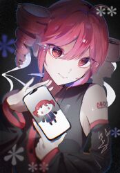 Rule 34 | 1girl, ahoge, arm tattoo, bare shoulders, black shirt, black sleeves, buttons, closed mouth, collared shirt, detached sleeves, drill hair, hair between eyes, highres, hito mania (utau), holding, holding phone, kasane teto, long sleeves, looking at viewer, number tattoo, phone, red eyes, red hair, red nails, red trim, shirt, short hair, sleeveless, sleeveless shirt, solo, tattoo, twin drills, user fmzp2284, utau