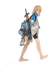 Rule 34 | 1boy, :o, absurdres, backpack, bag, bare legs, barefoot, black shorts, blonde hair, book, casual, contemporary, dated, earphones, from side, full body, grey background, hand in pocket, highres, jacket, link, long sleeves, looking at viewer, looking to the side, male focus, medium hair, nanjou (sumeragimishiro), nintendo, pointy ears, shoes, unworn shoes, shorts, sidelocks, solo, sword, the legend of zelda, the legend of zelda: breath of the wild, transparent, transparent bag, turtleneck, walking, weapon, weapon on back