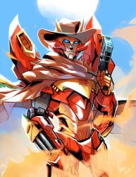 Rule 34 | 1boy, absurdres, autobot, brown cloak, brown hat, cloak, clothed robot, commentary, cowboy hat, dust, english commentary, gun, hat, highres, holding, holding gun, holding weapon, lina rojas, male focus, mecha, moon, no humans, robot, rodimus, science fiction, sky, solo, the transformers (idw), transformers, weapon, western comics (style)