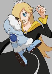 Rule 34 | 1boy, 1girl, alternate costume, black dress, blank stare, blonde hair, blue coat, blue eyes, blue footwear, blue mittens, blue pants, brown hair, cleats, coat, collarbone, crown, dress, flipped hair, from side, gem, grey background, grey theme, hair over one eye, highres, holding, holding wand, holding weapon, hood, hood up, ice climber, komugi kaeru, long hair, looking at another, looking away, mario (series), midair, mini crown, mittens, nintendo, official alternate costume, pants, parka, pointing weapon, popo (ice climber), profile, rope, rosalina, shaded face, short hair, simple background, size difference, star (symbol), super smash bros., wand, weapon