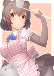 Rule 34 | 10s, 1girl, animal ears, apron, bear ears, breasts, brown bear (kemono friends), brown eyes, checkered apron, checkered clothes, collared shirt, cowboy shot, elbow gloves, fingerless gloves, gloves, hair between eyes, highres, holding, kemono friends, ladle, large breasts, looking at viewer, miniskirt, pot, pouty lips, shirt, short hair, short sleeves, skirt, solo, tatapopo, white shirt