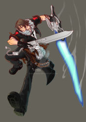 Rule 34 | 1990s (style), 1boy, black gloves, blue eyes, boots, brown hair, dual wielding, final fantasy, final fantasy viii, fingerless gloves, gloves, gunblade, highres, holding, jewelry, kilayman, male focus, necklace, pendant, short hair, short sleeves, solo, squall leonhart, trigger discipline, weapon