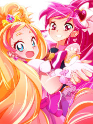 Rule 34 | 10s, 2girls, aino megumi, aqua eyes, bad id, bad pixiv id, blonde hair, bow, brooch, cure flora, cure lovely, earrings, eyebrows, gloves, go! princess precure, hair ornament, hair ribbon, happinesscharge precure!, haruno haruka, heart, heart brooch, heart hair ornament, holding hands, jewelry, long hair, magical girl, motoki (hisano motoki), multicolored hair, multiple girls, pink bow, pink eyes, pink hair, pink skirt, ponytail, precure, ribbon, skirt, smile, streaked hair, thick eyebrows, two-tone hair, white background, wide ponytail