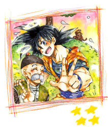 Rule 34 | 2boys, ;d, ake (ake54), animal, black eyes, black hair, bubbles (dragon ball), chinese clothes, dougi, dragon ball, closed eyes, facial hair, grandfather and grandson, grandpa gohan, grass, halo, hand on another&#039;s shoulder, happy, hat, looking at viewer, male focus, monkey, multiple boys, mustache, one eye closed, open mouth, smile, son goku, spiked hair, star (symbol), tree, v