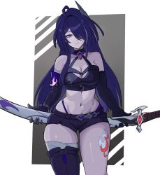 absurdres acheron_(honkai:_star_rail) asymmetrical_footwear black_choker boots border camcamcelus choker coattails elbow_gloves gem gloves hair_over_one_eye highres honkai:_star_rail honkai_(series) knee_boots leg_tattoo navel purple_hair scabbard sheath single_bare_shoulder single_knee_boot single_thigh_boot single_wide_sleeve sword tattoo thigh_boots weapon white_border