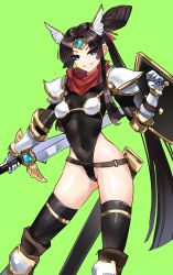 Rule 34 | 1girl, absurdres, arm armor, armor, belt, bikini, bikini armor, black hair, black leotard, black thighhighs, blue eyes, breasts, casul, covered navel, fate/grand order, fate (series), gauntlets, gem, gold trim, green background, headpiece, highleg, highleg leotard, highres, holding, holding shield, holding sword, holding weapon, leotard, long sleeves, red scarf, scarf, sheath, shield, shoulder armor, side ponytail, small breasts, smile, solo, swimsuit, sword, thighhighs, thighs, ushiwakamaru (fate), weapon