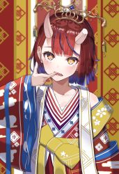 Rule 34 | 1girl, absurdres, blue hair, blunt bangs, bob cut, bow, broken horn, collarbone, colored tips, finger in own mouth, hair between eyes, hair between horns, hand up, highres, horns, japanese clothes, jewelry, kimono, long sleeves, looking at viewer, multicolored hair, oni, oni horns, original, red hair, ringopan, sash, sharp teeth, short hair, solo, streaked hair, teeth, tiara, two-tone hair, upper body, white sash, wide sleeves, yellow bow