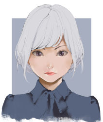 Rule 34 | 1girl, blue background, blue shirt, bob cut, border, closed mouth, collared shirt, expressionless, grey hair, highres, inamitsu shinji, lips, lipstick, looking at viewer, makeup, original, outside border, portrait, purple eyes, red lips, shirt, short hair, simple background, solo, swept bangs, white border