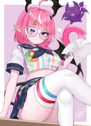 Rule 34 | 1girl, absurdres, asymmetrical shirt, black neckerchief, black sailor collar, black skirt, black wings, breasts, camila (vtuber), closed mouth, colored eyelashes, crop top, crossed legs, dated, demon tail, diamond facial mark, diamond hair ornament, earrings, facial mark, flower, glasses, hair ornament, hairclip, head wings, heart, heart facial mark, highres, holding, holding paper, indie virtual youtuber, jewelry, multicolored hair, multicolored shirt, natch imaycz, neckerchief, paper, pink hair, pleated skirt, pointy ears, purple eyes, round eyewear, sailor collar, shirt, short sleeves, signature, sitting, skirt, solo, streaked hair, striped clothes, striped shirt, tail, thighhighs, thighs, vertical-striped clothes, vertical-striped shirt, virtual youtuber, white hair, white thighhighs, wings