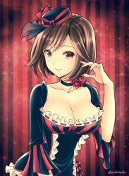 Rule 34 | 1girl, black hat, breasts, brown eyes, brown hair, choker, cleavage, closed mouth, collarbone, flower, hair between eyes, hat, highres, kirita asami, looking at viewer, medium breasts, meiko (vocaloid), mini hat, red background, red flower, red rose, rose, short hair, smile, solo, striped, striped background, twitter username, upper body, vocaloid