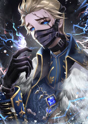 Rule 34 | 1boy, absurdres, alva lorenz, alva lorenz (warden), animal, animal on hand, annojou haruto, black gloves, black sclera, black shirt, blonde hair, blue cape, blue eyes, blue gemstone, blue jacket, bug, cape, collared cape, colored sclera, electricity, facial mark, fur-trimmed cape, fur trim, gem, glint, gloves, hair slicked back, highres, identity v, insect, jacket, key, key necklace, looking at viewer, male focus, mask, moth, mouth mask, necklace, official alternate costume, shirt, short hair, snow, solo, upper body