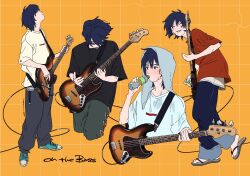 Rule 34 | 1boy, all nobori, artist name, bass guitar, black hair, black pants, black shirt, blue footwear, blue pants, closed mouth, commentary, cropped legs, cropped torso, cross-laced footwear, denim, drinking, electric guitar, english commentary, english text, floating hair, full body, grid background, grin, guitar, hand up, highres, holding, holding guitar, holding instrument, holding plectrum, instrument, jeans, multiple views, music, original, pants, pants rolled up, plastic bottle, playing instrument, plectrum, red shirt, sandals, shirt, shoes, short hair, short sleeves, smile, sneakers, sweat, wet, wet clothes, white shirt, yellow background