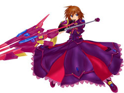 Rule 34 | absurdres, armor, blue eyes, brown hair, dress, fingerless gloves, gloves, greaves, highres, holding, looking at viewer, luciferion, lyrical nanoha, mahou shoujo lyrical nanoha innocent, stern the destructor, michii (nicoseiga), purple dress, short hair, solo, standing