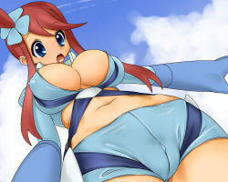 Rule 34 | 10s, 1girl, blue eyes, blush, breasts, cameltoe, cleavage, cleft of venus, cloud, covered erect nipples, creatures (company), day, dutch angle, game freak, gloves, gym leader, large breasts, long hair, long sleeves, looking down, midriff, navel, nintendo, nipples, nurugamer-kouyouju, open mouth, pokemon, pokemon bw, red hair, short hair, shorts, side ponytail, sky, skyla (pokemon), solo