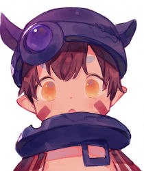 Rule 34 | 1boy, brown hair, cape, child, collar, facial mark, fake horns, helmet, highres, horned helmet, horns, looking at viewer, made in abyss, male focus, marking on cheek, metal collar, nemui (nemuriyagi), orange eyes, pointy ears, red cape, regu (made in abyss), short hair, simple background, solo, white background, wide-eyed