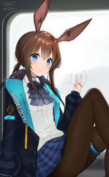 Rule 34 | 1girl, absurdres, amiya (arknights), animal ear fluff, animal ears, arknights, ascot, black jacket, blue ascot, blue eyes, blue skirt, blush, brown hair, brown pantyhose, closed mouth, collared shirt, commentary request, dress shirt, hair between eyes, hand up, highres, jacket, knees up, long sleeves, looking at viewer, low ponytail, ochinsama, open clothes, open jacket, pantyhose, pleated skirt, ponytail, puffy long sleeves, puffy sleeves, rabbit ears, shirt, signature, sitting, skindentation, skirt, sleeves past wrists, solo, twitter username, white shirt