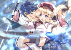 Rule 34 | 1boy, 1girl, :o, agnes claudel, aura, beret, blonde hair, blue eyes, blue hair, breasts, carrying, carrying person, commentary request, earrings, eiyuu densetsu, eyelashes, hair between eyes, hat, hinata nonoka, holding, holding staff, jewelry, kuro no kiseki, large breasts, long hair, open mouth, pink sweater, short hair, sleeves past wrists, smile, staff, sweater, teeth, translation request, upper teeth only, van arkride, wide sleeves