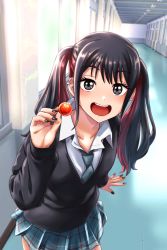 Rule 34 | 1girl, :d, absurdres, black hair, black nails, black sweater, blush, candy, collared shirt, ear piercing, food, hallway, highres, holding, holding candy, holding food, holding lollipop, kobamiso (kobalt), lollipop, loose necktie, multicolored hair, nail polish, necktie, open mouth, piercing, plaid, plaid skirt, red hair, school uniform, shirt, skirt, smile, solo, sono bisque doll wa koi wo suru, streaked hair, sugaya nowa, sweater, teeth, tile floor, tiles, twintails, two-tone hair, upper teeth only, white shirt