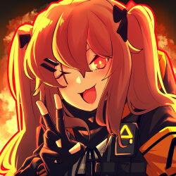 Rule 34 | 1girl, armband, black jacket, black ribbon, brown hair, commentary, english commentary, fingerless gloves, girls&#039; frontline, gloves, hair between eyes, hair ornament, hair ribbon, hairclip, highres, jacket, long hair, looking at viewer, one eye closed, open mouth, red eyes, ribbon, scar, scar across eye, setakman, smile, solo, twintails, ump9 (girls&#039; frontline), upper body, v