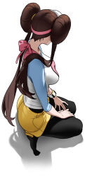 1girl 987645321o black_pantyhose brown_hair creatures_(company) double_bun from_side full_body game_freak hair_bun highres long_hair multicolored_shirt nintendo on_ground pantyhose pokemon pokemon_bw2 rosa_(pokemon) seiza shadow shorts simple_background sitting solo visor_cap white_background wristband yellow_shorts