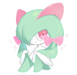 Rule 34 | 1girl, alternate hairstyle, bow, child, closed mouth, colored skin, creatures (company), female focus, flat chest, game freak, gen 3 pokemon, green hair, hair bow, hair over one eye, hands up, happy, kirlia, long hair, looking at viewer, nintendo, one eye covered, playing with own hair, pokemon, pokemon (creature), red bow, red eyes, sidelocks, simple background, smile, sok (mr14 c), solo, sparkle, twintails, upper body, white background, white skin