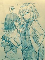 Rule 34 | 2girls, ?, bow, bowtie, braid, breasts, closed mouth, cowboy shot, efukei, expressionless, eye contact, finger to mouth, french braid, frown, hair between eyes, hand in pocket, hand on own hip, hand up, height difference, highres, horns, jacket, kijin seija, kishin sagume, long sleeves, looking at another, medium breasts, monochrome, multiple girls, open clothes, open jacket, pocket, profile, short hair, short sleeves, single horn, skirt, source request, speech bubble, spoken question mark, touhou, traditional media