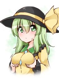 Rule 34 | 1girl, black hat, blouse, blush, breasts, buttons, closed mouth, diamond button, expressionless, frilled shirt collar, frilled sleeves, frills, grabbing own breast, green eyes, green hair, hair between eyes, hat, hat ribbon, highres, komeiji koishi, long sleeves, looking at viewer, medium hair, one-hour drawing challenge, ribbon, shirt, solo, suwa yasai, touhou, upper body, white background, wide sleeves, yellow ribbon, yellow shirt