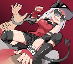 1girl, absurdres, aviator sunglasses, belt, bongfill, breasts, clenched hand, cuffs, demon horns, demon tail, dutch angle, elbow pads, fingerless gloves, gloves, grey hair, handcuffs, hat, helltaker, highres, horns, justice (helltaker), knee pads, long hair, looking at viewer, medium breasts, red background, red gloves, red shirt, shirt, shirt lift, shorts, smile, solo focus, squatting, sunglasses, tail