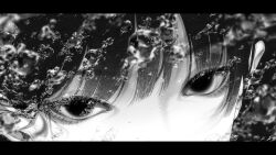 Rule 34 | 1other, absurdres, ambiguous gender, bouno satoshi, close-up, eye focus, greyscale, highres, letterboxed, looking at viewer, monochrome, original, solo, water drop