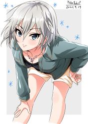 Rule 34 | 1girl, 2021, absurdres, anastasia (idolmaster), bare legs, bent over, black shirt, blue eyes, border, breasts, cleavage, closed mouth, collarbone, dated, grey background, grey hair, grey jacket, hair between eyes, hand on own hip, hand on own knee, highres, idolmaster, idolmaster cinderella girls, jacket, jewelry, long sleeves, necklace, open clothes, open jacket, shiny skin, shirt, short hair, short shorts, shorts, smile, solo, straight hair, takatsuki p, white border, white shorts, wing collar