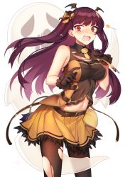 Rule 34 | 1girl, bat hair ornament, belt, black pantyhose, blush, breasts, candy, collared shirt, commentary request, crying, crying with eyes open, food, food-themed hair ornament, ghost, girls&#039; frontline, gloves, hair ornament, hair ribbon, half updo, halloween, hand on own chest, hand up, highres, jack-o&#039;-lantern, kinsenka momi, large breasts, lollipop, long hair, looking at viewer, navel, necktie, official alternate costume, one side up, open mouth, pantyhose, pumpkin hair ornament, purple hair, red eyes, ribbon, shirt, simple background, skindentation, skirt, sleeveless, sleeveless shirt, solo, standing, sweatdrop, tears, torn clothes, torn pantyhose, very long hair, wa2000 (girls&#039; frontline), wa2000 (haunted castle) (girls&#039; frontline), white background